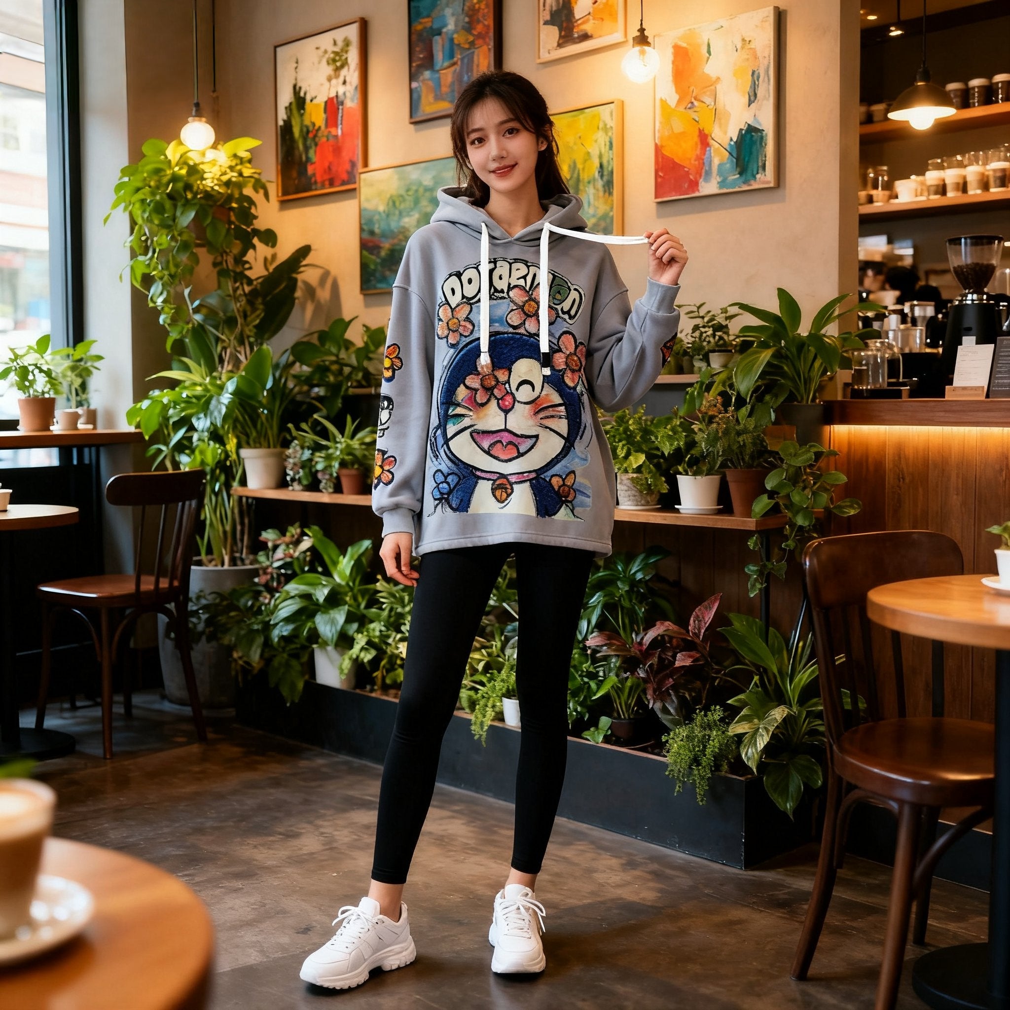 Unisex Doraemon Anime Embroidered Sweatshirt - Soft Apricot Fleece Pullover