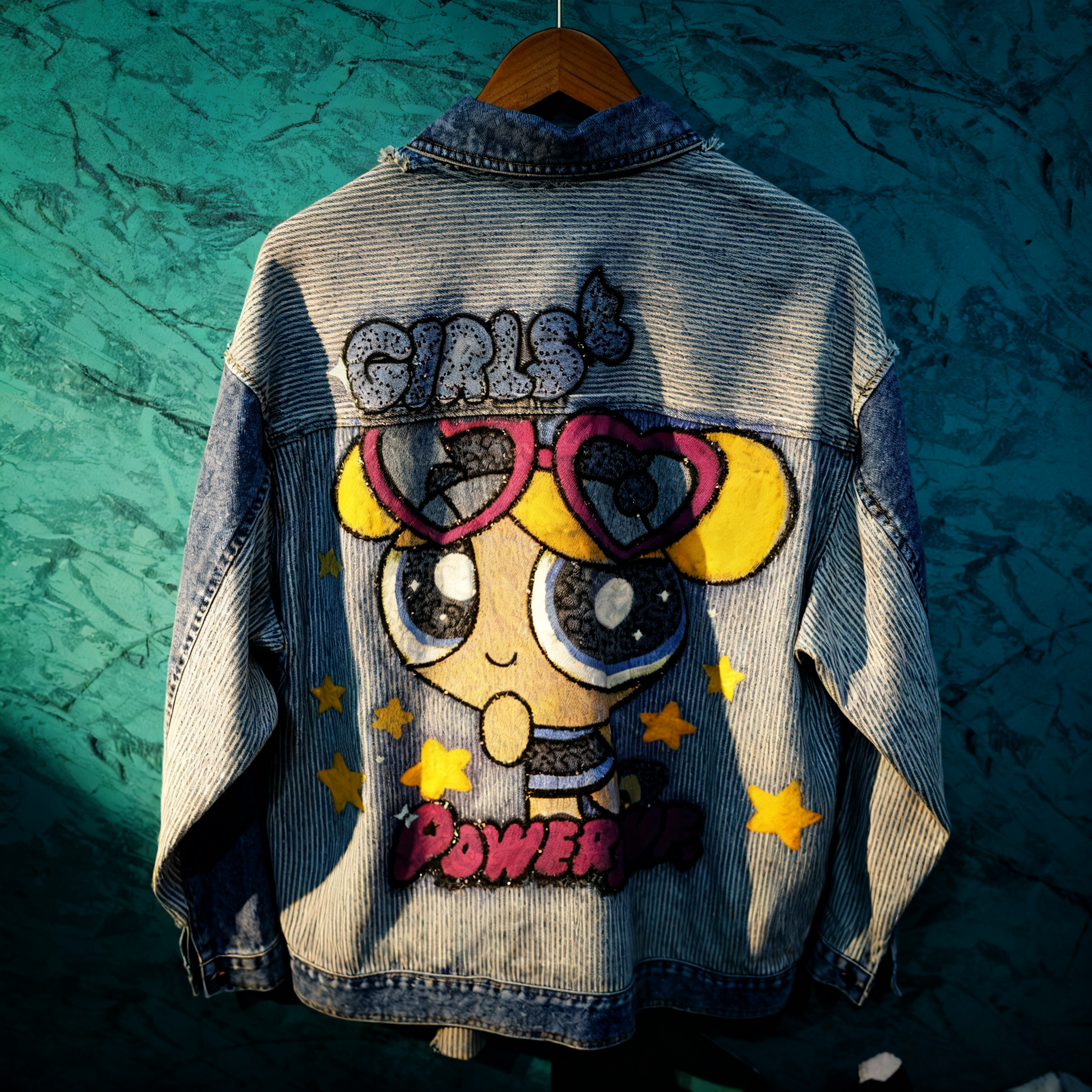 Channel Your Inner Superhero: Powerpuff Girls Sequin Embroidered Denim Jacket