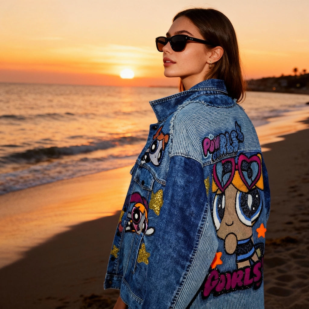 Channel Your Inner Superhero: Powerpuff Girls Sequin Embroidered Denim Jacket