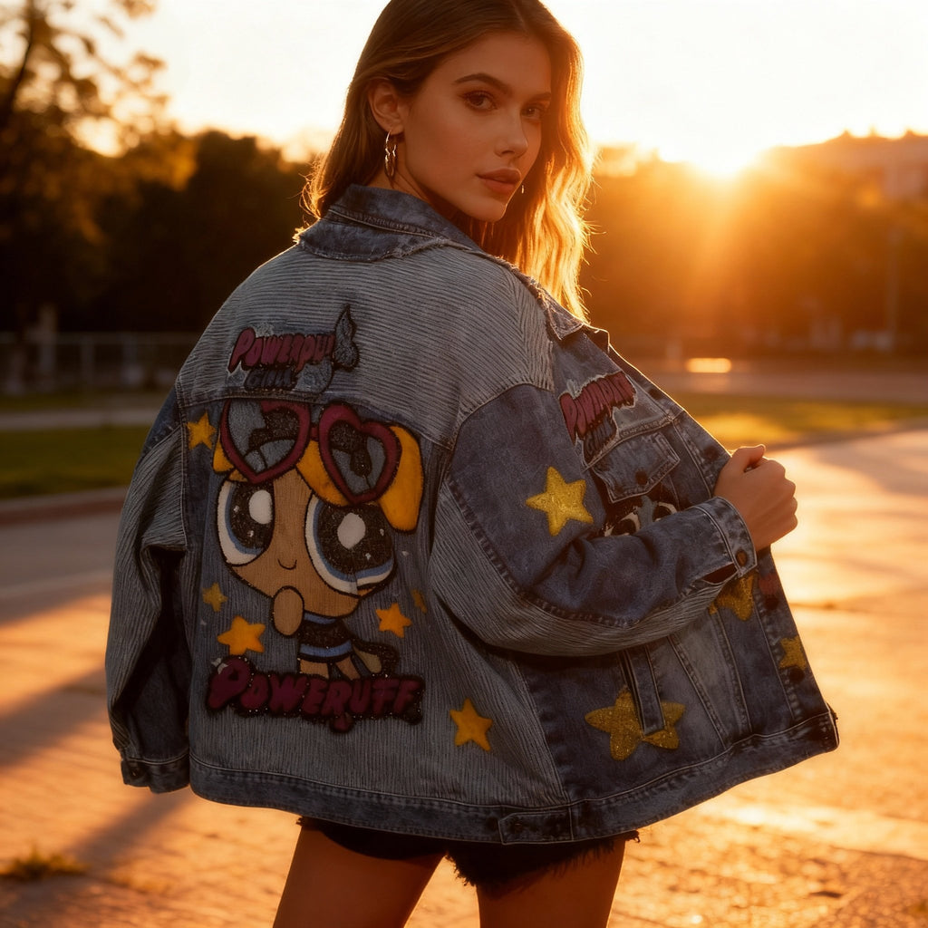 Channel Your Inner Superhero: Powerpuff Girls Sequin Embroidered Denim Jacket