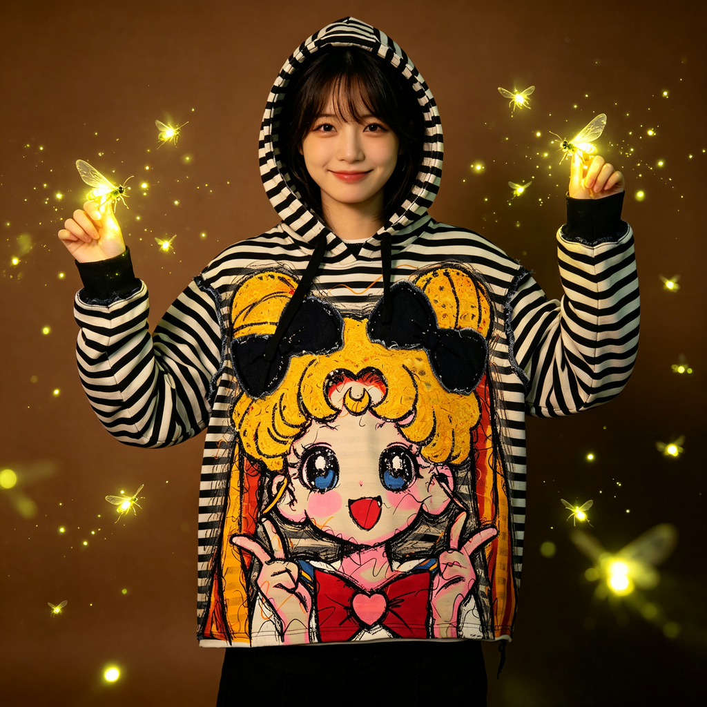 Sailor Moon Black and White Striped Embroidered Oversized Sweatshirt