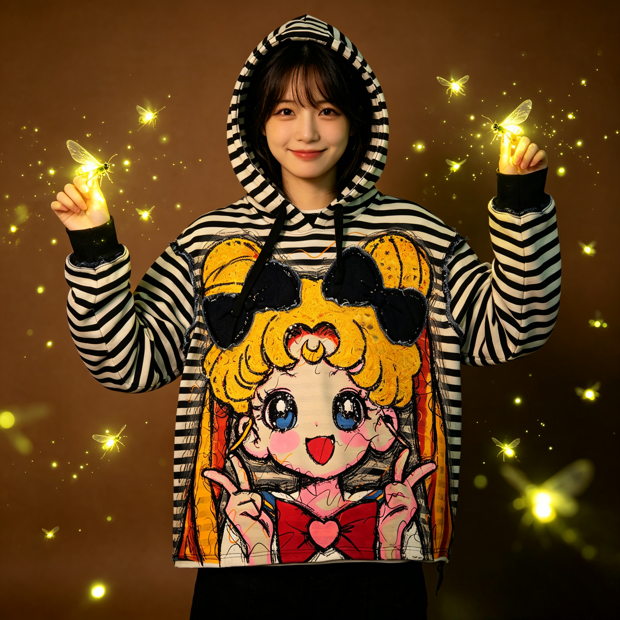 Sailor Moon Black and White Striped Embroidered Oversized Sweatshirt