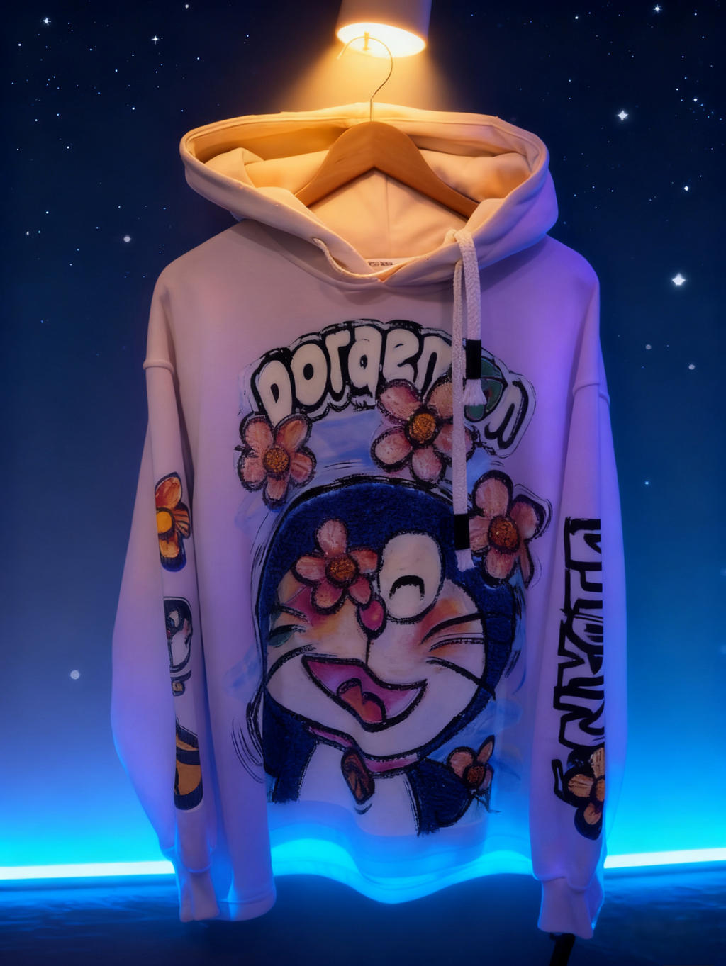 Unisex Doraemon Anime Embroidered Sweatshirt - Soft Apricot Fleece Pullover