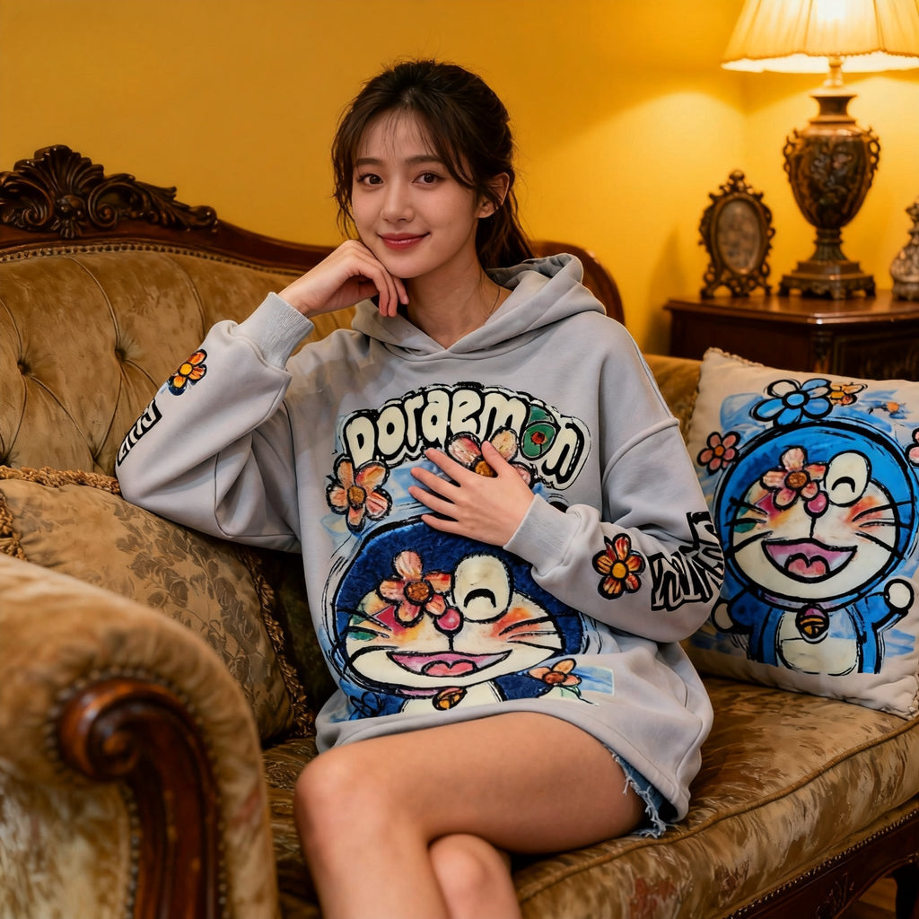 Unisex Doraemon Anime Embroidered Sweatshirt - Soft Apricot Fleece Pullover