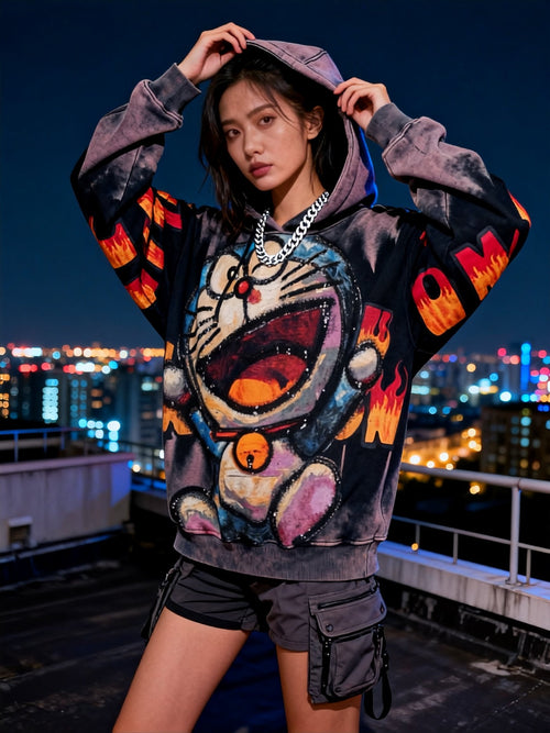 Channel the Magic: Doraemon Purple Embroidered Sweatshirt