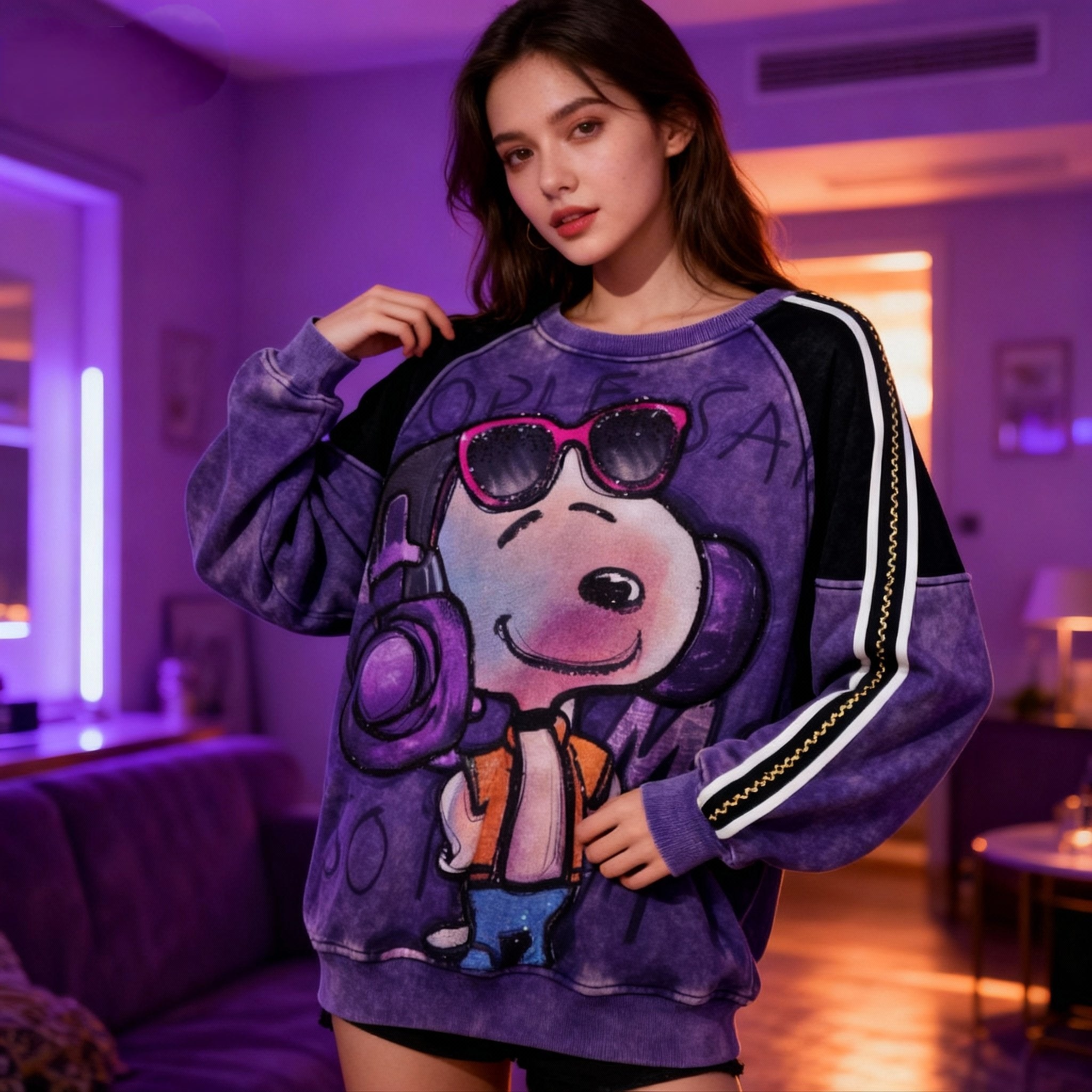 Channel Your Inner "Cool" with the Lavender Snoopy Sweatshirt（Fleece lining for warmth and comfort）