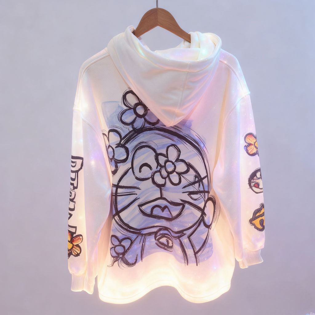 Unisex Doraemon Anime Embroidered Sweatshirt - Soft Apricot Fleece Pullover