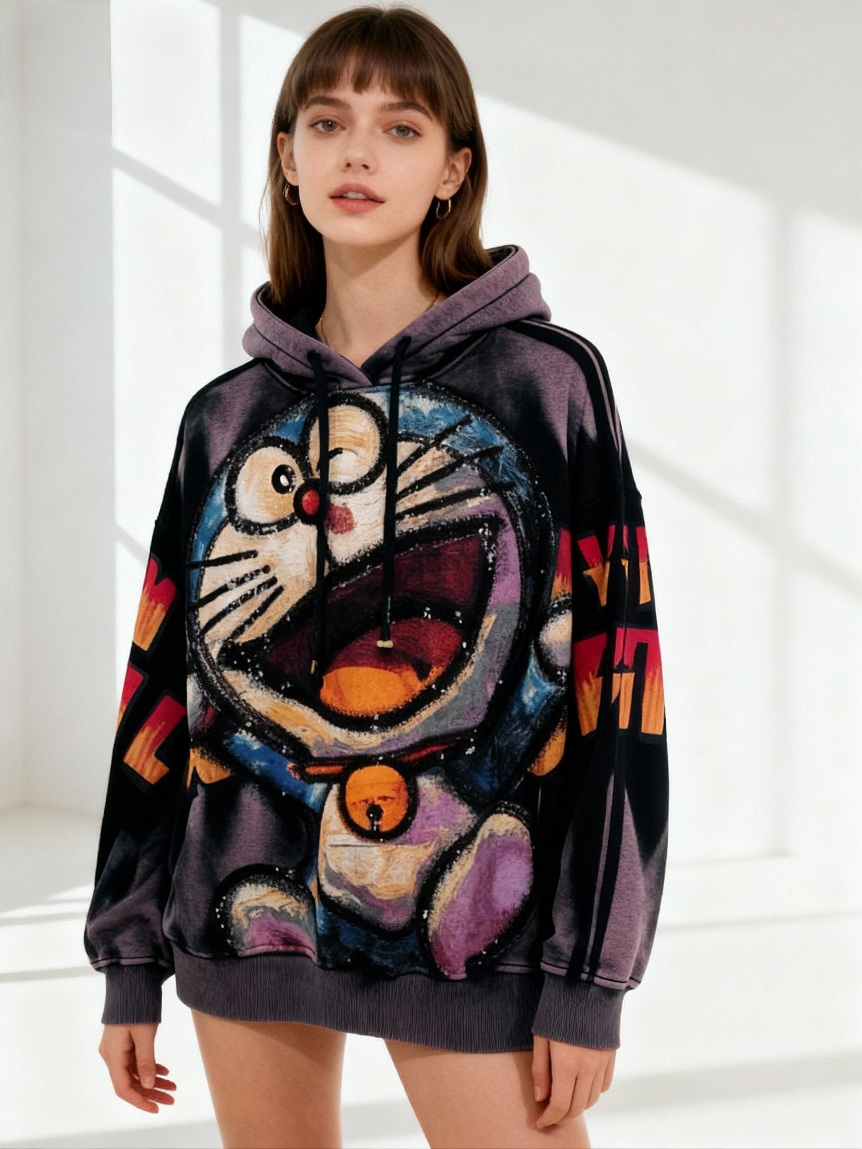 Channel the Magic: Doraemon Purple Embroidered Sweatshirt