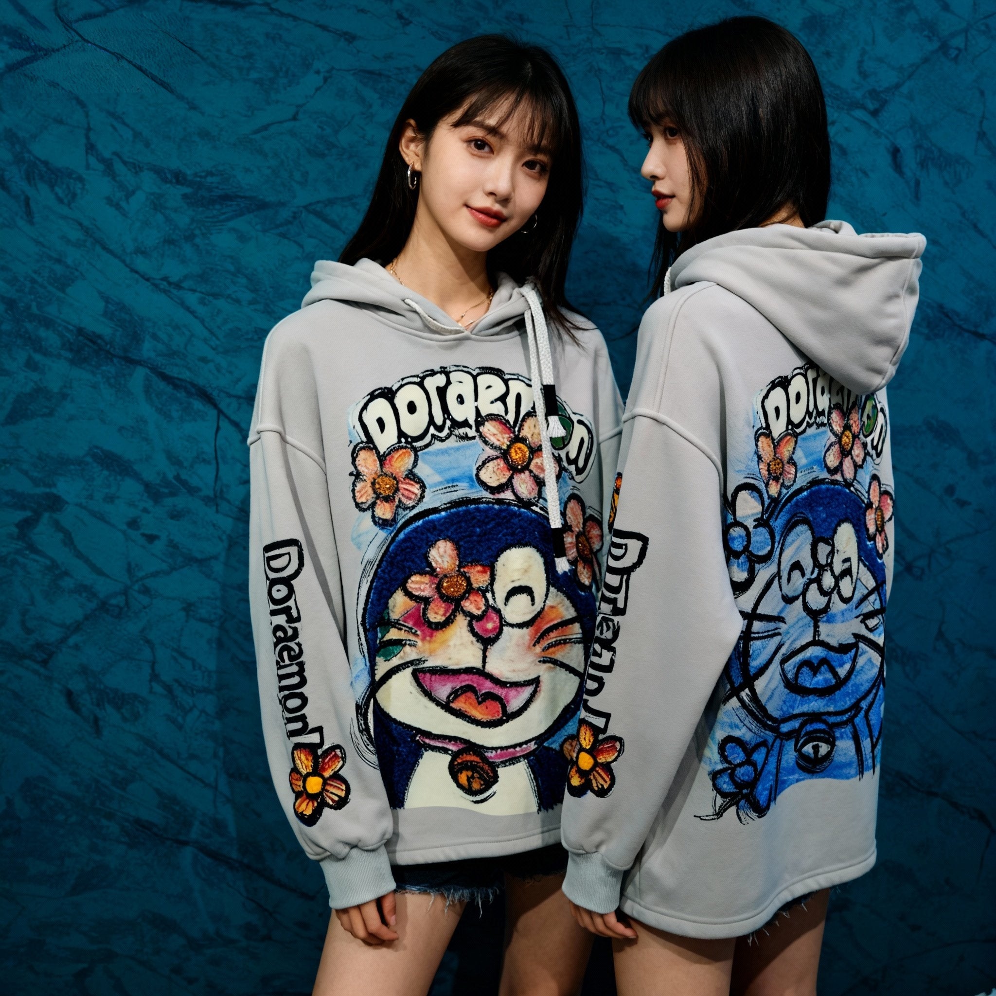 Unisex Doraemon Anime Embroidered Sweatshirt - Soft Apricot Fleece Pullover