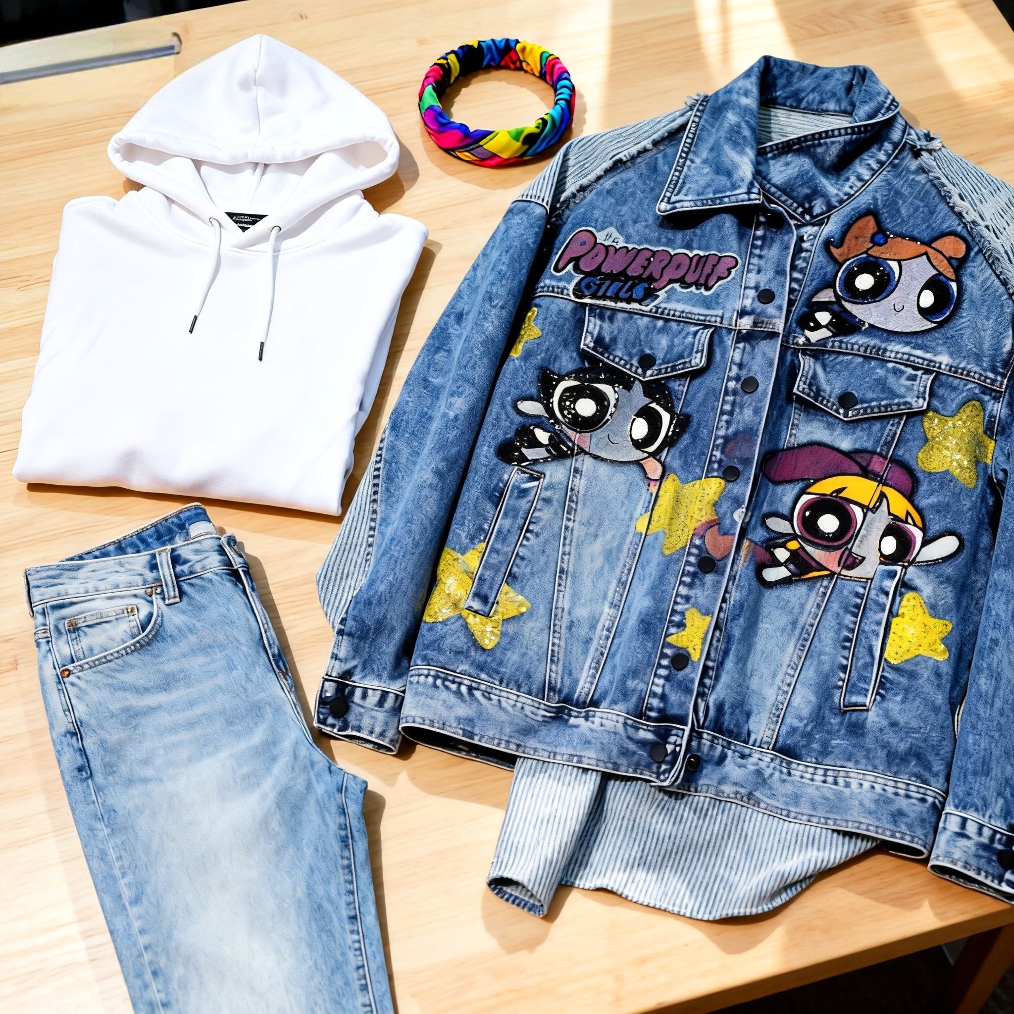 Channel Your Inner Superhero: Powerpuff Girls Sequin Embroidered Denim Jacket