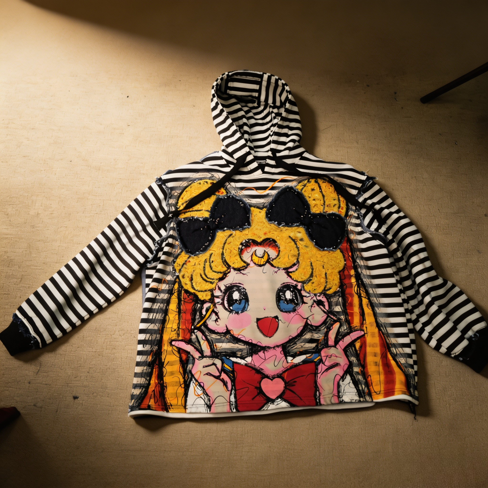 Sailor Moon Black and White Striped Embroidered Oversized Sweatshirt